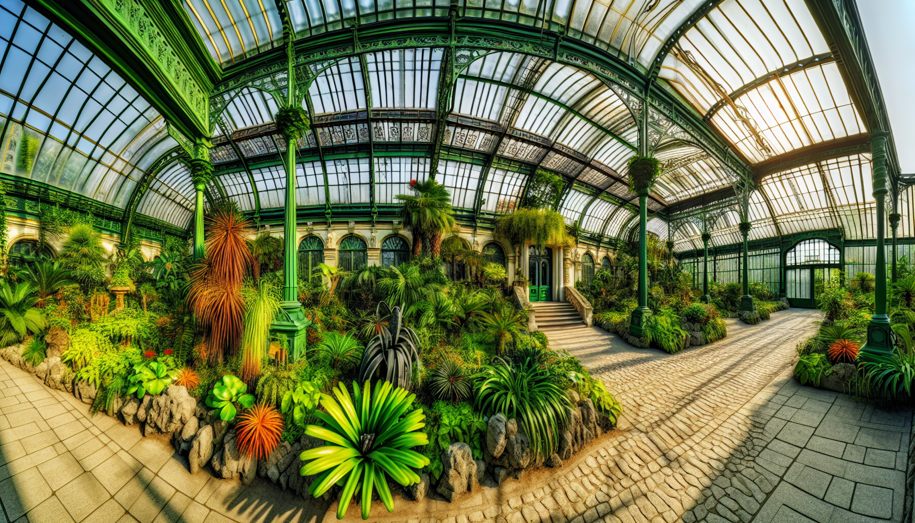 Historic Palm House filled with lush greenery and exotic plants in Książ Castle